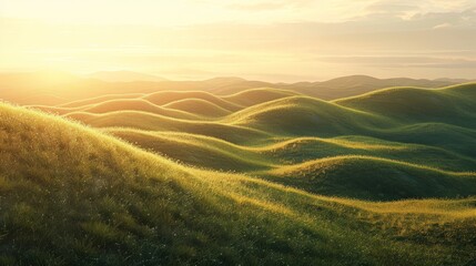 Obraz premium Hills of emerald grass bathed in golden sunset light