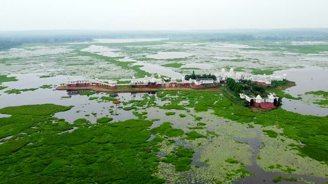 Aerial view of  palace neermahal is a former royal palace built by maharaja of tripura kingdom bir bikram kishore manikya debbarma of the erstwhile kingdom of  tripura in India.