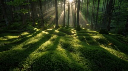 Fototapeta premium Forest floor dappled with light and shadow from dense canopy
