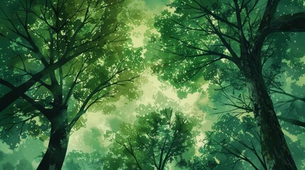 Fototapeta premium Serene backdrop with towering trees and rustling emerald leaves