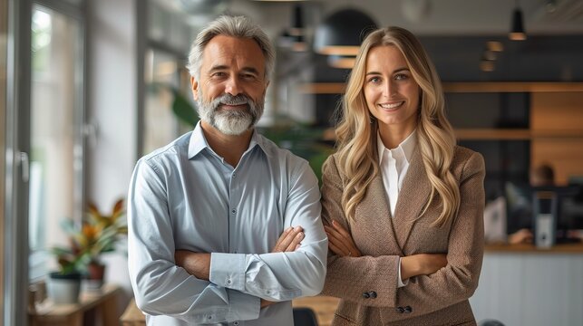 Happy confident professional mature business man and business woman corporate leaders managers standing in office, two diverse colleagues executives team posing together, portrait