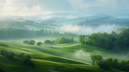 Rolling hills and trees bathed in mist's soft glow