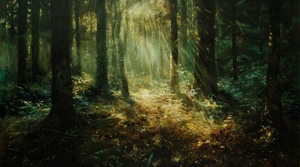 Obraz premium Shimmering light filters through thicket creating dappled shadows