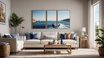 A serene living room with whitewashed furniture and nautical accents, capturing the essence of seaside tranquility, Generative AI