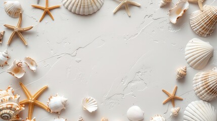 a white background adorned with seashells and starfish, evoking a summer concept through coastal elements.