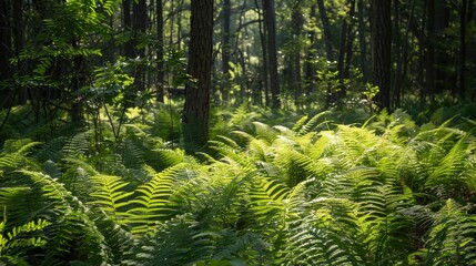 Fototapeta premium Intricate shadows cast by dense ferns on forest floor