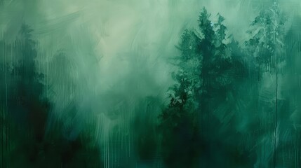 Green paint swirls blend with softer hues misty forest scene