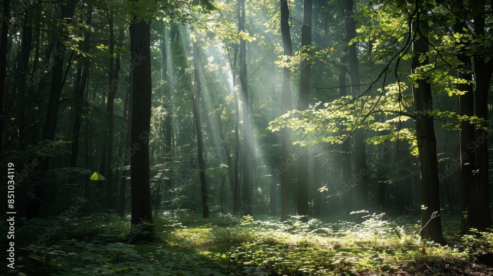 Sticker Soft light through leaves casting inviting glow on forest floor