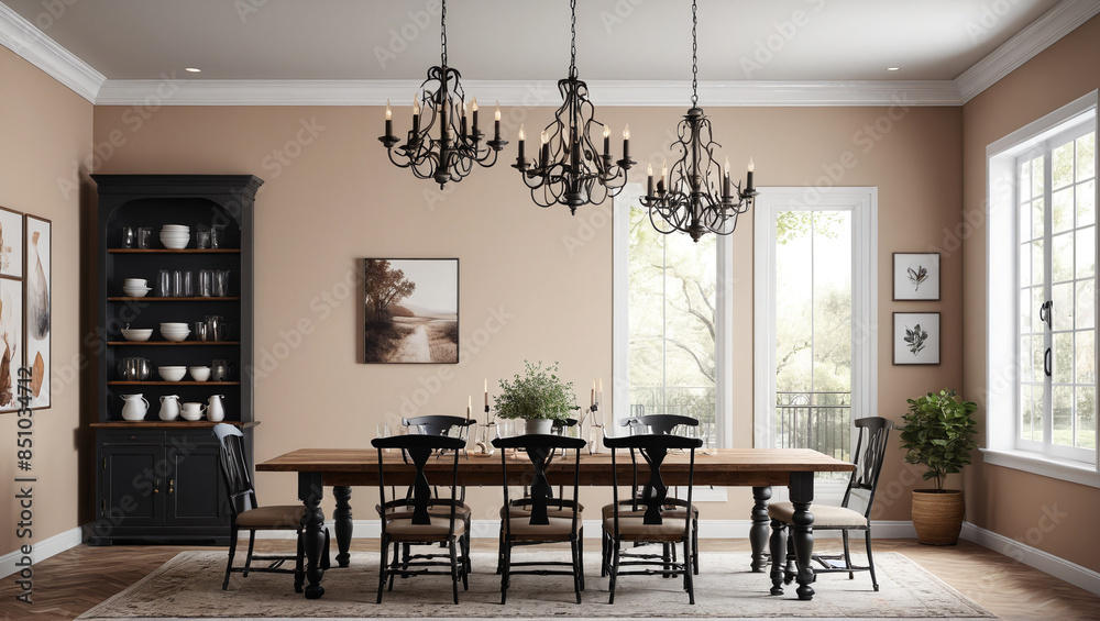 Poster A serene dining area with a farmhouse table and wrought iron chandelier, exuding rustic elegance and simplicity, Generative AI