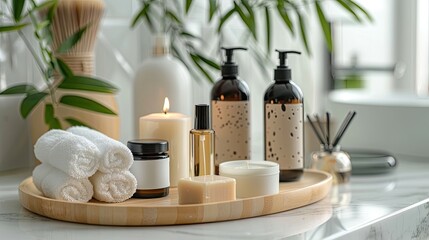 a wooden soap dispenser, scented candle, and cotton pads arranged on a marble tray, set in a modern bathroom interior with ample copy space for text.