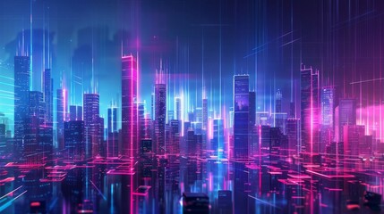 Abstract neon city skyline indigo sky