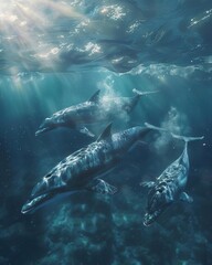 Fototapeta premium Group of dolphins swimming underwater with sunlight streaming through the surface, showcasing the beauty of marine wildlife.