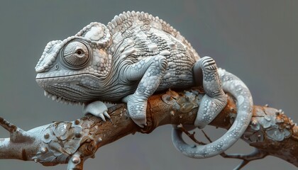 Detailed close-up of a chameleon perched on a branch, showcasing its intricate textures and unique appearance in a striking monochrome palette.