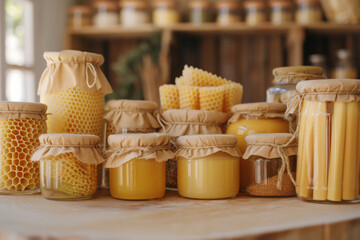 A collection of beeswax wraps and glass jars used for storing honey and beeswax products, arranged on a wooden surface, highlighting sustainable and eco-friendly food storage solutions