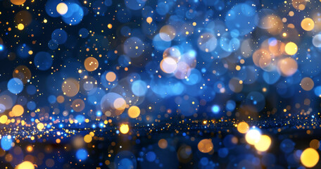 Abstract background with golden and blue lights, glitter bokeh on dark night sky banner. Abstract background with glowing gold particles.