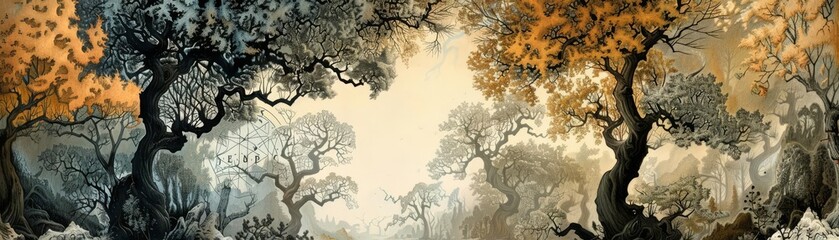 Beautiful woodland scene with autumn and winter contrasting trees, capturing the beauty of nature's changing seasons.