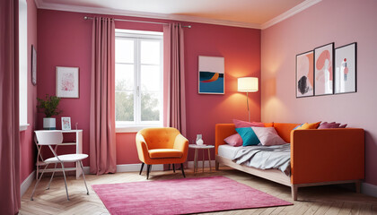 Fototapeta premium An average bedroom in a compact flat featuring a solitary comfortable chair, embellished in bright tones against a plain backdrop, creating a cheerful and inviting corner for relaxation, Generative AI