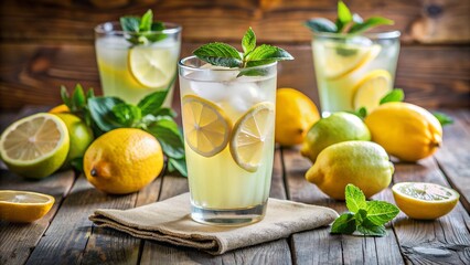 Summer refreshing lemonade drink or alcoholic cocktail with ice and lemon slices. Fresh healthy cold lemon beverage. Water with lemon.