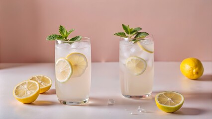 Summer refreshing lemonade drink or alcoholic cocktail with ice and lemon slices. Fresh healthy cold lemon beverage. Water with lemon.