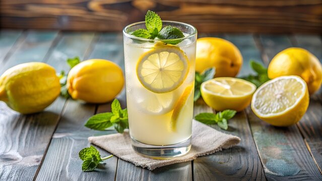Summer refreshing lemonade drink or alcoholic cocktail with ice and lemon slices. Fresh healthy cold lemon beverage. Water with lemon.
