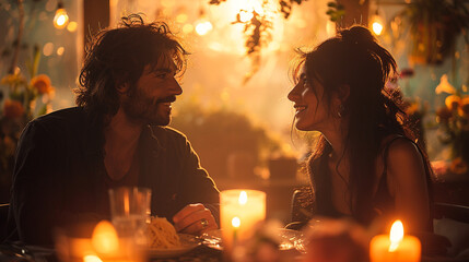 a man and a woman are sitting in a cafe on a date