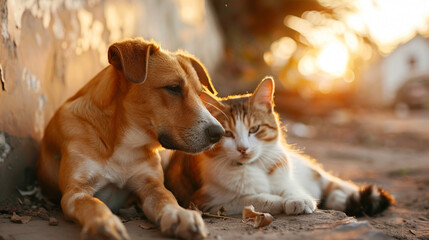homeless cat and dog lying on the street