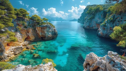Obraz premium Stunning Aerial View of Turquoise Waters and Rocky Cliffs on a Sunny Day