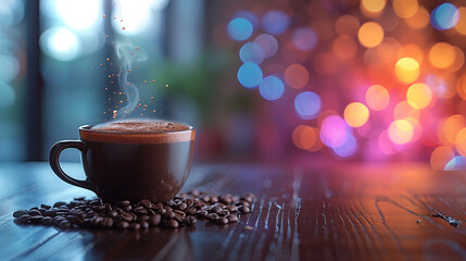 Obraz premium cup of coffee with steam, coffee beans scattered