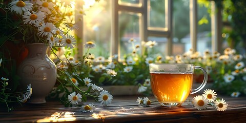 A cup of chamomile tea on a wooden table by the window with a bouquet of daisies, bathed in warm morning sunlight.