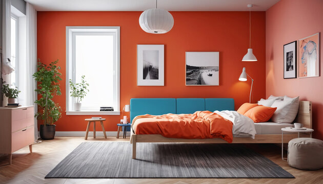 A modern themed room adorned with bold and lively colors against an empty wall, offering a sleek and contemporary space for guests to unwind and recharge during their stay, Generative AI
