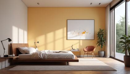 Obraz premium Adorned in the warm and cozy hue of Jonquil Trail, the minimalist large room with a plain wall backdrop provides a serene and inviting environment, Generative AI