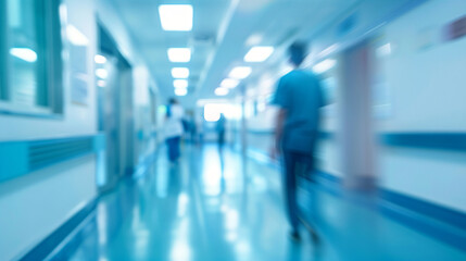 Blurred figures wearing scrubs walking down a clinical hallway