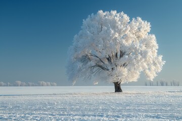 Majestic Frozen Tree in a Snowy Winter Field Under a Clear Blue Sky