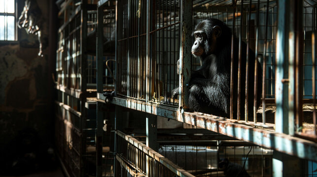 monkeys sit in a dark cage in captivity