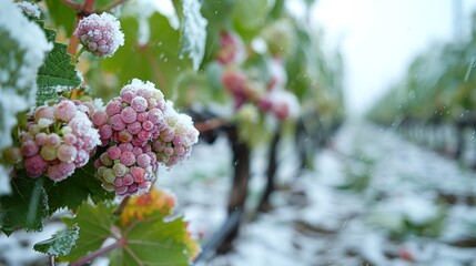Hail Covered Grapes on Vines in Vineyard During Early Winter Snowfall