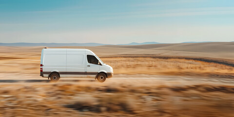 Fototapeta premium white van on the highway in the desert - fast transportation concept