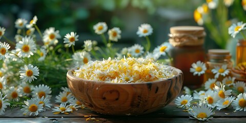 A wooden bowl filled with fresh chamomile flowers, surrounded by more blooms and jars on a rustic table in a sunny garden. 