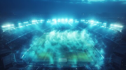 Fototapeta premium High Angle Establishing Shot of a Stadium with Soccer Match at Night
