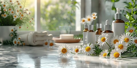 Natural cosmetic products on a table with chamomile flowers, creating a fresh and pure atmosphere. Perfect for showcasing organic beauty products.