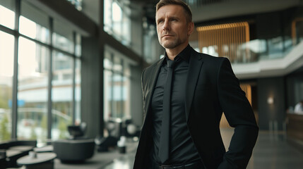 Fototapeta premium Man dressed in a total black suit with a black shirt and tie standing confidently in a modern office environment