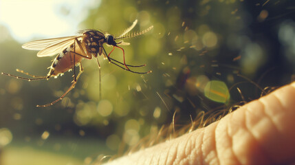 Mosquito flying near a person's arm with a visible red bite, highlighting the interaction between the insect and human skin