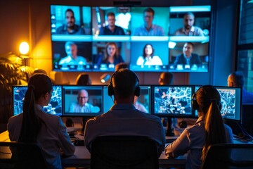 Professional group engaging in virtual video conference across multiple screens.