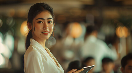 Smiling young entrepreneur networking at a restaurant event while holding a tablet