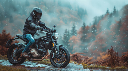 Obraz premium Man on Motorcycle Wearing Helmet and Jeans in Misty Mountain Landscape