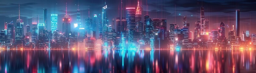 Fototapeta premium Vibrant futuristic city skyline at night with neon lights reflecting on the water, showcasing modern architecture and cyberpunk aesthetic.