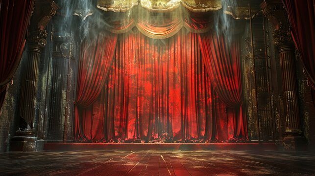 Grimdark stage curtains, downstage and main valance of theatre