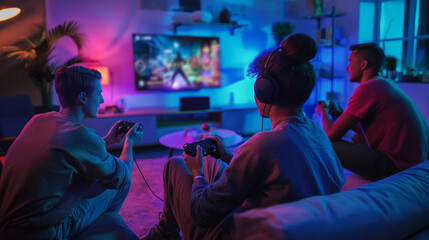 Teenagers and young adults playing video games in a modern living room with vibrant neon lights