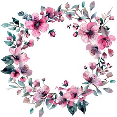 Pink Floral Wreath. Wedding Badge and Logotype with Fresh Watercolor Garden Flowers