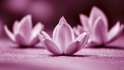 Obraz premium Three pink flowers are sitting on top of a purple background, AI