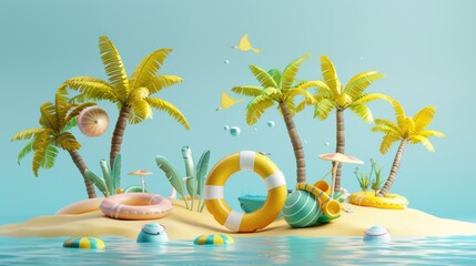 Obraz premium Creative 3d cartoon island with summer goods. Summer holiday.